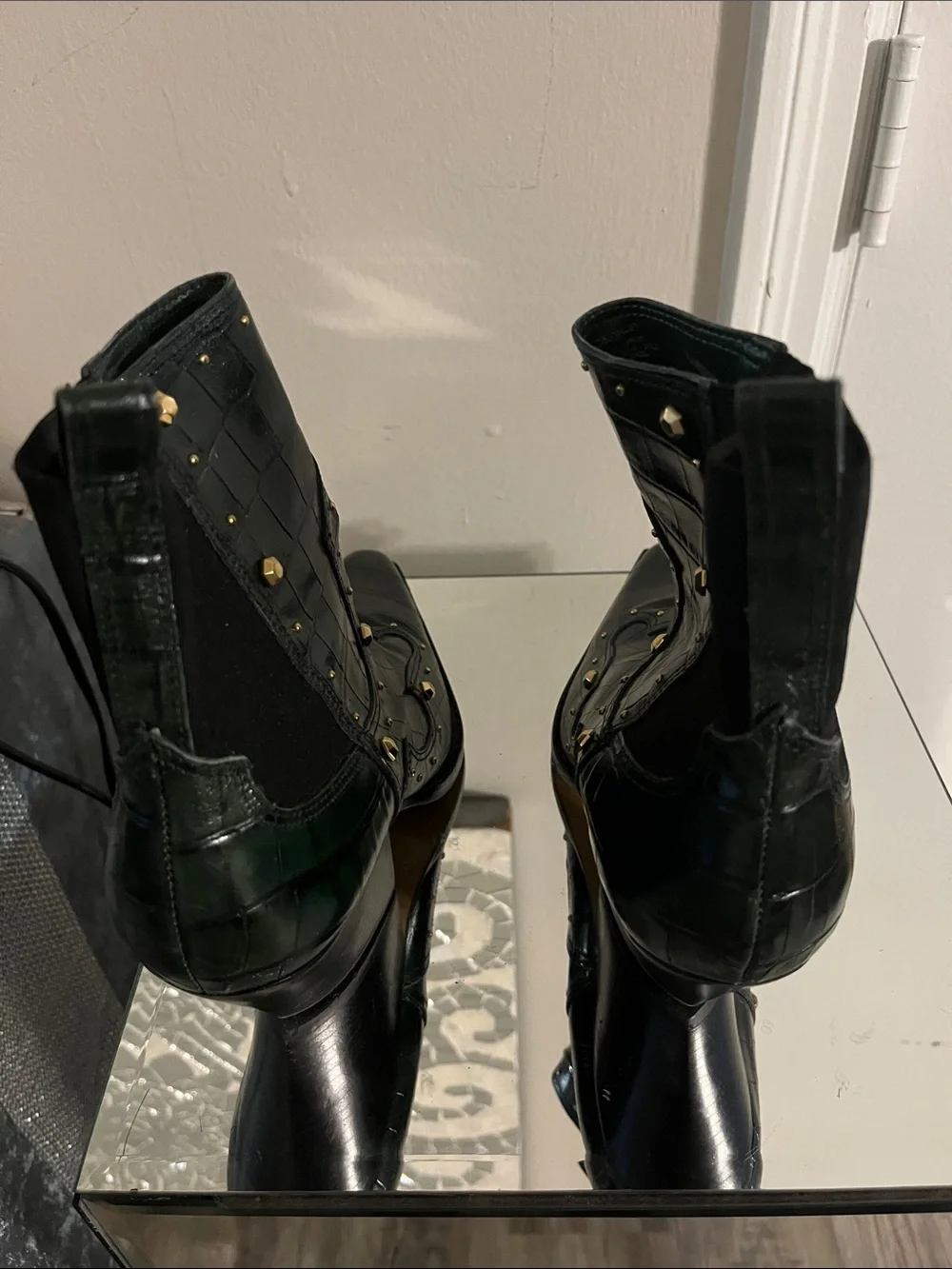 Vince Camuto Black Croc-Embossed Chelsea Boots with Gold Studs